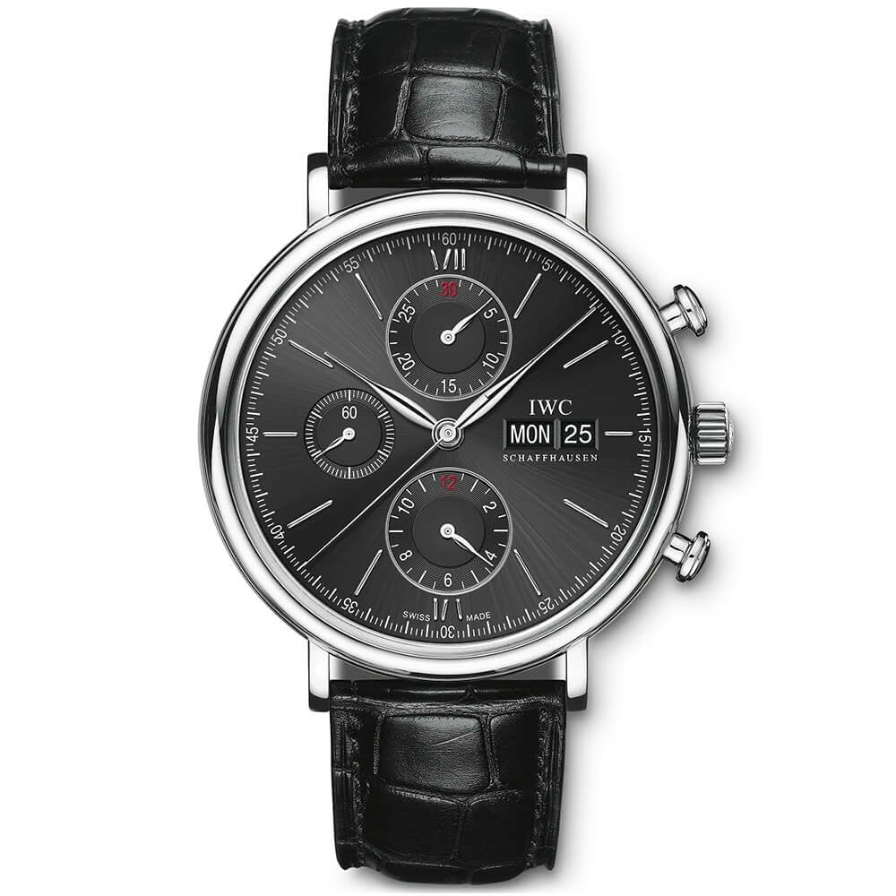 Portofino 42mm Black Dial Men’s Chronograph Leather Strap Watch